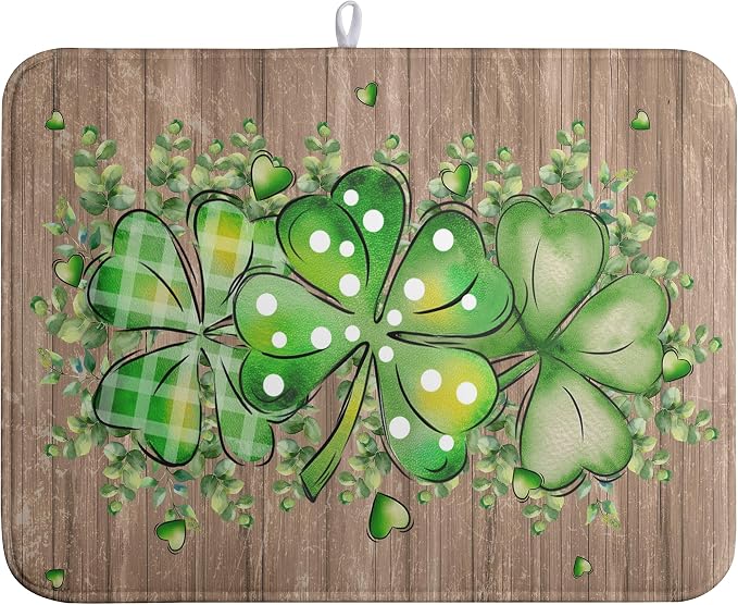 St Patricks Day Wooden Plank Texture Shamrock Dish Drying Mat St Patrick by Wnoesat