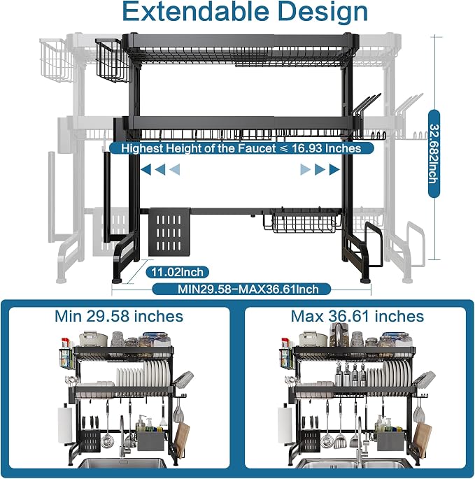Over The Sink Dish Drying Rack, 3 Tier Adjustable Length Full Stainless Steel - Image 2