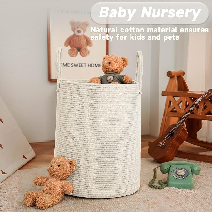 Large Woven Laundry Basket Hamper, 80L Cotton Rope Storage Bin - Image 2