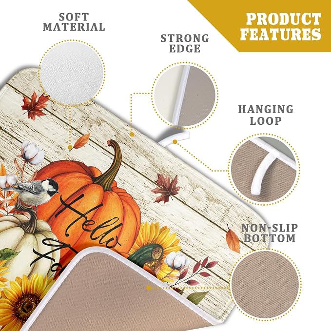 Hello Fall Dish Drying Mat Autumn Pumpkin Dish Drainer Rack Mats 16"x18" Fast - Image 4