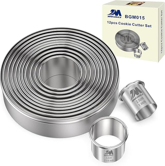 Round Cookie Biscuit Cutter Set 12 Pieces Graduated Circle Pastry Cutters 18/8 by MJINGMEI