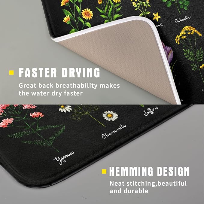 Black Flower Herbs Dish Drying Mat 16x18 Inch Botanical Floral Microfiber - Image 3