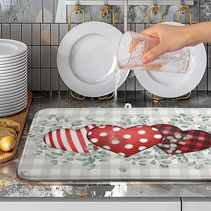 Valentines Day Dish Drying Mat Valentine Buffalo Plaid Eucalyptus Hearts Dishes - Image 4