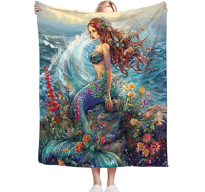Mermaid Throw Blanket - Ocean Blanket for Girls, Women, Boys & Men - Soft, Warm & Cozy Fleece - 60"x50"
