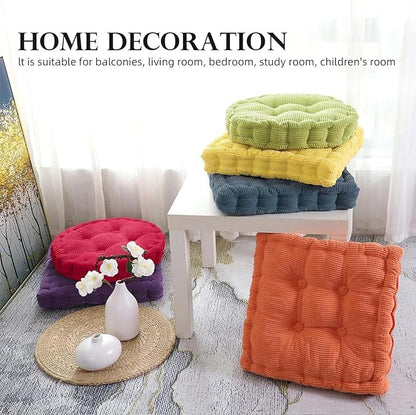 Meditation Floor Pillow Set of 2 Large Square and Round Floor Cushions for Adults Ivory Corduroy Floor Seat Pillows Cushion for Living Room Balcony Tatami Yoga,18x18 Inch