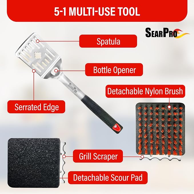 5-in-1 Grill Brush Combo by SearPro BBQ Cleaner Scraper Barbecue Tool - Image 2