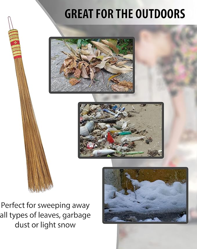 2 Piece 32 inch Multi-Surface Sturdy Outdoor Authentic Coconut Leaf Broom Asian - Image 5