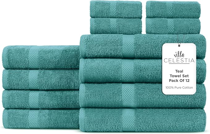 100% Cotton Bath Towel Set of 12-4 Bath Towels, 4 Hand Towels, 4 Wash Cloths by VillaCelestia