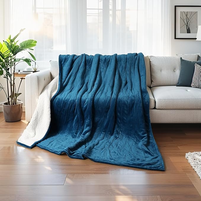 Electric Blanket Twin Size 62" x 84" Thickened Flannel and Sherpa Heated Blanket,10 Hours Timer Auto-Off,5 Heating Levels, Machine Washable, Lake Blue&White
