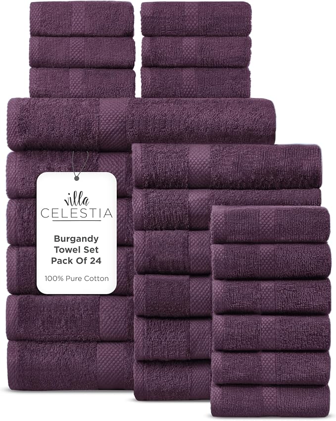 100% Cotton Bath Towel Set of 24-6 Bath Towels, 6 Hand Towels, 12 Wash Cloths by VillaCelestia
