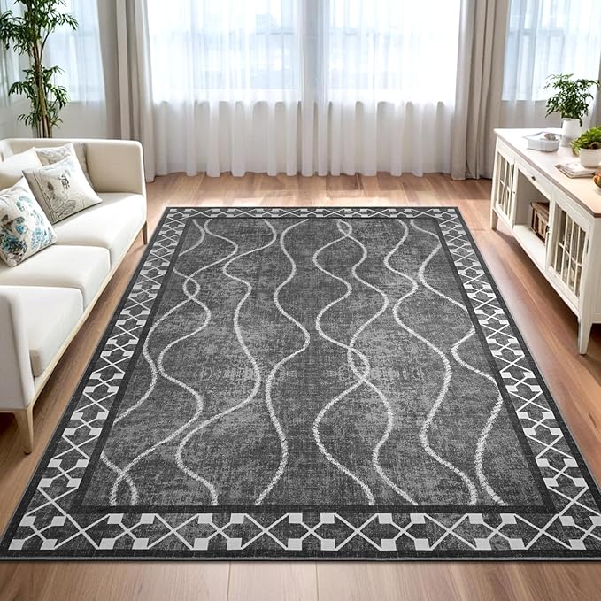 4x6 Area Rugs for Living Room Bedroom, Machine Washable Low Pile Rugs, Non Slip Modern Bordered Print Indoor Carpet for Entryway Office Dining Room Dorm Home Decor, Dark Grey