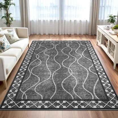 4x6 Area Rugs for Living Room Bedroom, Machine Washable Low Pile Rugs, Non Slip Modern Bordered Print Indoor Carpet for Entryway Office Dining Room Dorm Home Decor, Dark Grey
