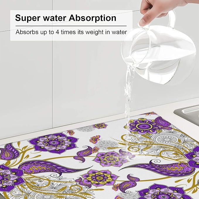 Boho Floral Dish Drying Mat for Kitchen Counter Washable Absorbent Reversible - Image 4