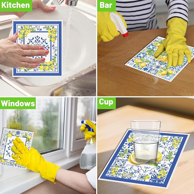 Blue Tiles Lemons Swedish Dishcloths, 6 Pack Reusable Swedish Dish Cloths - Image 6