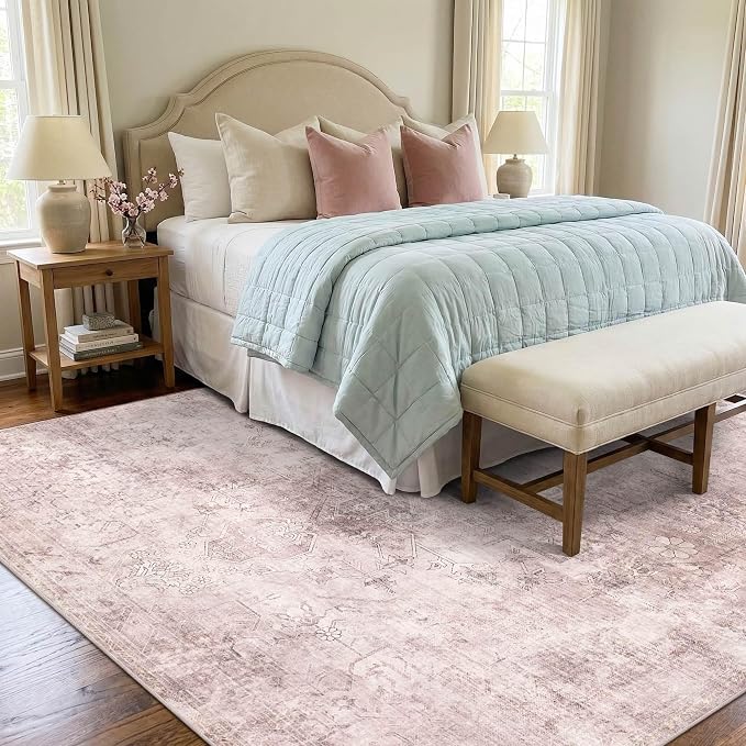 Vintage 8x10 Living Room Pink Rugs, Washable Large Area Rugs - Image 4