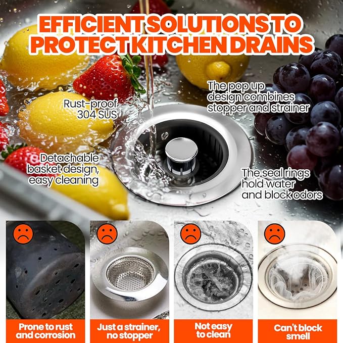 Kitchen Sink Drain Strainer & Sink Stopper, Upgraded Stainless Steel Drain Plug - Image 2