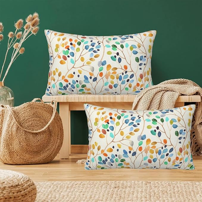 Throw Pillow Covers Colorful Leaves Spots Pillow Covers 20x12 Inch Set of 2 Boho Floral Throw Pillows Decorative Pillow Cases Cushion Covers for Bedroom Livingroom Sofa Farm House