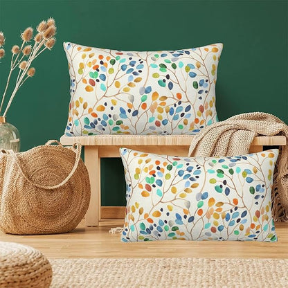 Throw Pillow Covers Colorful Leaves Spots Pillow Covers 20x12 Inch Set of 2 Boho Floral Throw Pillows Decorative Pillow Cases Cushion Covers for Bedroom Livingroom Sofa Farm House