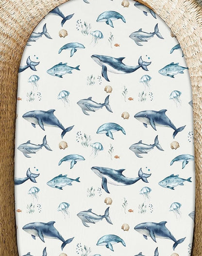 Bassinet Sheets for Baby Girls Boys 2 Pack, Fitted Baby Mattress Sheet for Rectangle, Oval, Hourglass Bassinet Mattress, Breathable Cozy & Universal Fit (Aquatic Adventures)