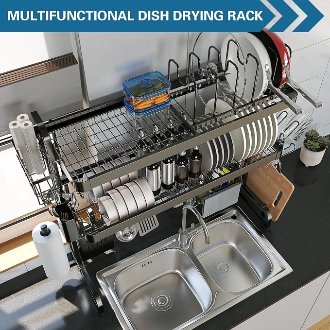 Over The Sink Dish Drying Rack, 3 Tier Adjustable Length Full Stainless Steel - Image 7