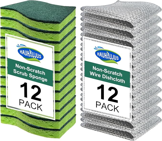Non Scratch Scrub Sponge and Wire Dishwashing Rag Combo, 12+12 Pack, Dish by Unknown