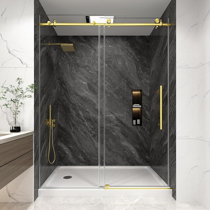 KPUY Frameless Shower Door, 61-66" W x 76" H Sliding Glass Shower Door by KPUY