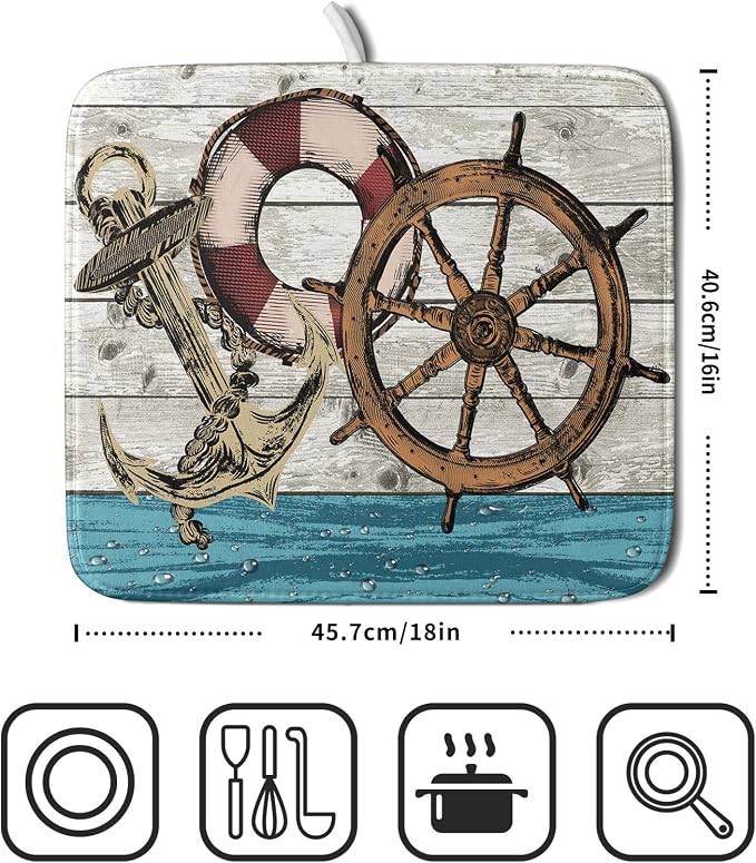 Nautical Anchor Dish Drying Mat 16x18 inch Coastal Boat Fast Dry Microfiber - Image 2