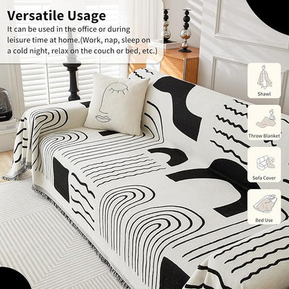 Boho Chenille Couch Cover with Tassels, Bohemian Sofa Cover for 3 Cushion Couch, L-Shaped Sectional, Loveseat, 2/3/4 Seater (71" x 118", Black)