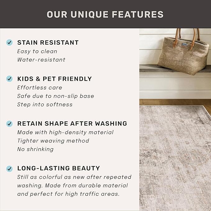 Washable Beige Brown Rugs for Entryway Indoor - 3x4 Throw Rug for Large Kitchen, Bedroom Bedside, Bathroom, Mudroom, Mordern Abstract Medallion Décor, Non Slip Low Pile Fade Resistant