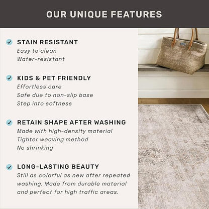 Washable Beige Brown Rugs for Entryway Indoor - 3x4 Throw Rug for Large Kitchen, Bedroom Bedside, Bathroom, Mudroom, Mordern Abstract Medallion Décor, Non Slip Low Pile Fade Resistant
