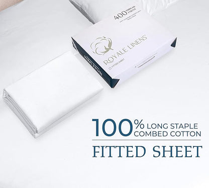Royale Linen 400 Thread Count 100% American Grown Cotton Fitted Sheet Twin Size - All Around Elastic Fitted Sheet - Luxury Sateen Weave - Snug Fit Bottom Sheet Fit Up to 16" (Twin, Signature White)