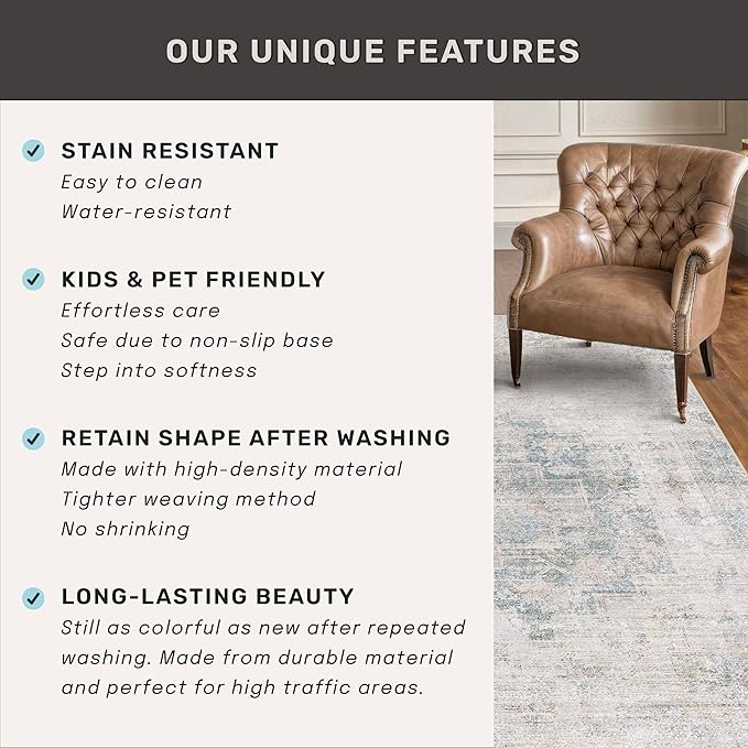 Blue Farmhouse Area Rug for Bedroom - 7x9 Washable Rug for Dining Room Table, Ultra-Thin Soft Textured Boho Abstract Blue and Gray Indoor Decor, Fade & Stain Resistant