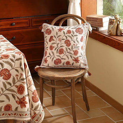 ISAENNE Design Linen Square Vintage Throw Pillow Covers 18"x18" Pack of 2, Brick Red Cushion Covers with Orange Floral Green Leaves Pattern Decoration Pillowcases for Bed,Living Room,Outdoor,Car