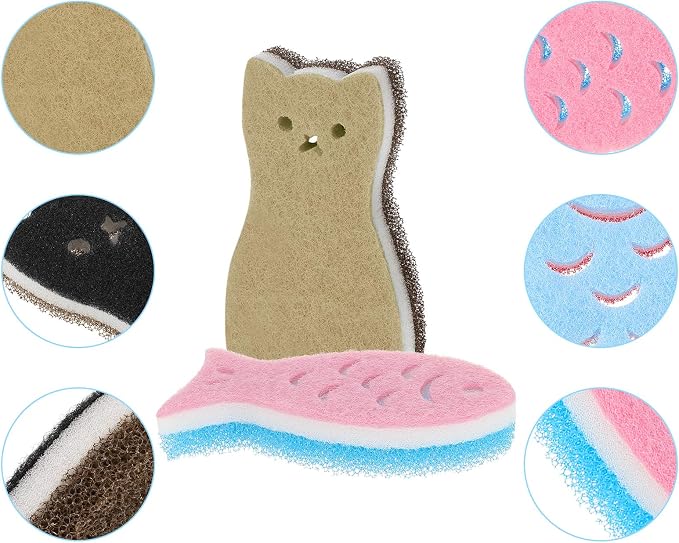 8 Pieces Kitchen Scrub Sponges Cat Fish Cleaning Sponge Dishwashing Scrubber - Image 4