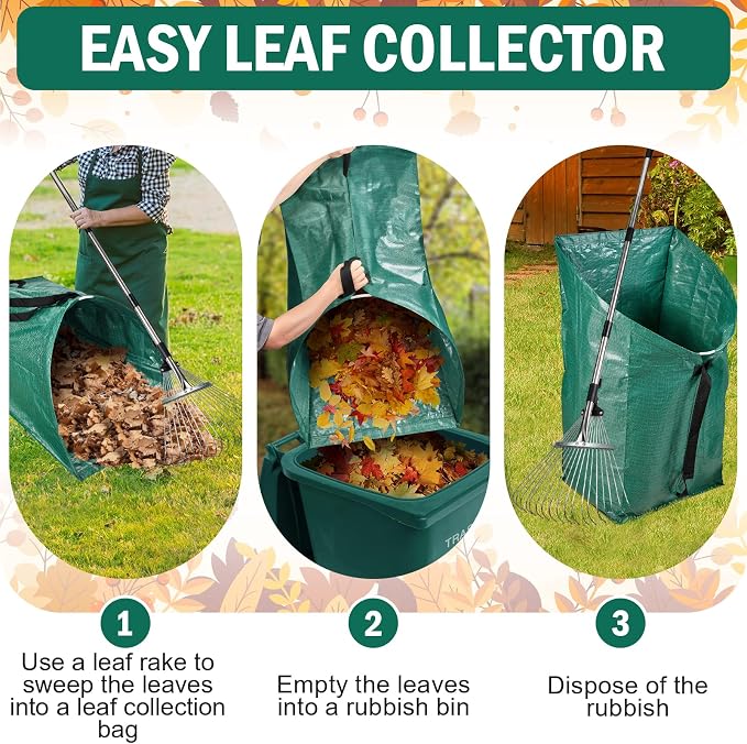 60Gallon Leaf Collector and Adjustable Metal Rake Set, Detachable 18 Tines Leaf - Image 5