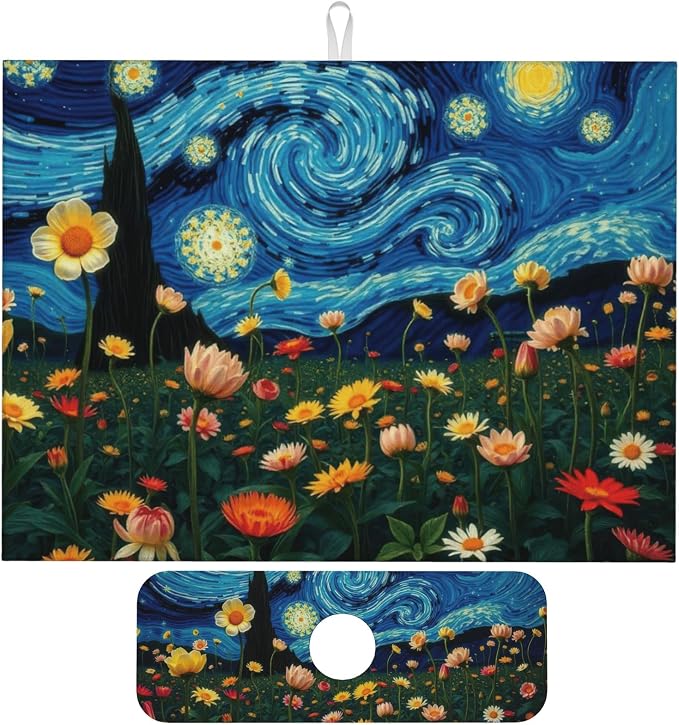 Starry Night Flowers Dish Drying Mat by Unknown