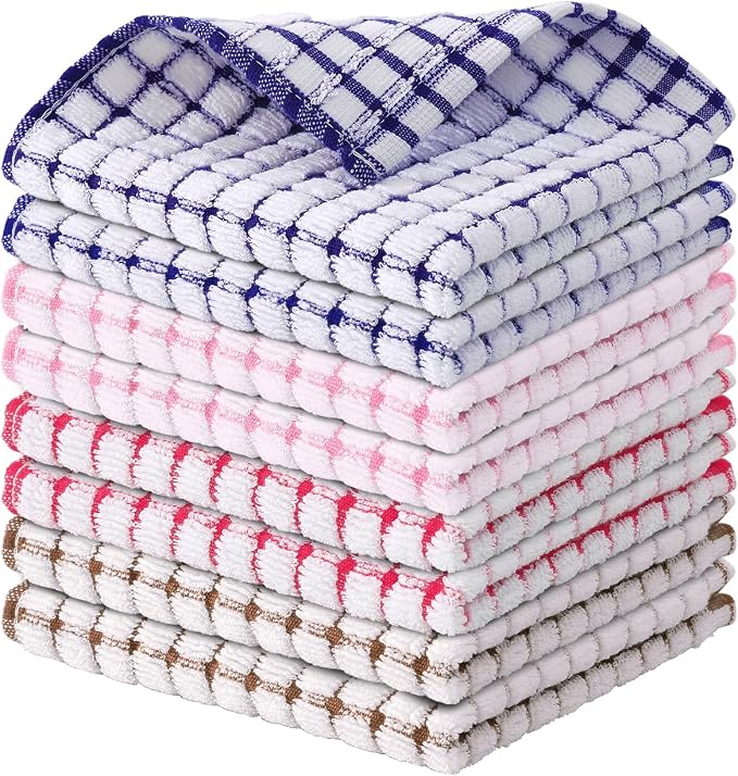 Kitinjoy Cotton 8 Pack Terry Kitchen Dish Cloths, 12 x 12 Inches Super Soft and by Kitinjoy