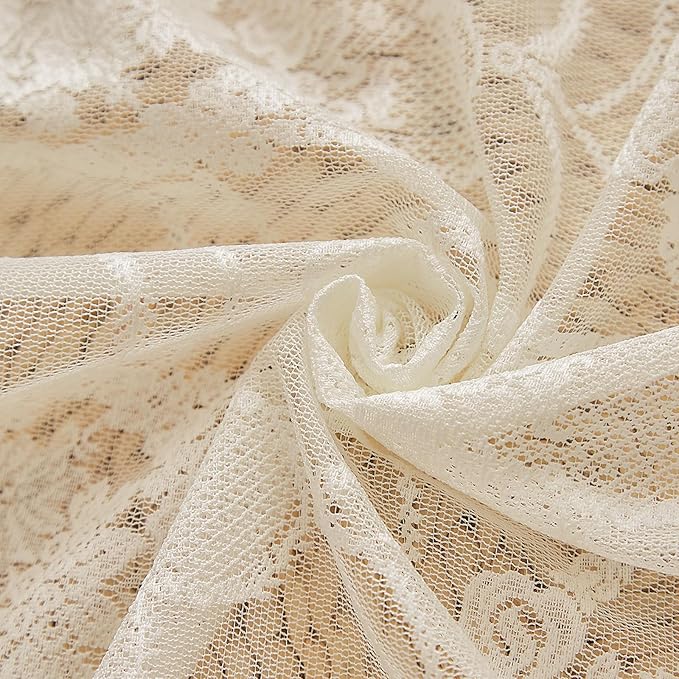 Ivory Vintage Country Floral Lace Sheer Curtains 63 Inches Long -Rod Pocket Light Filtering French Privacy Scalloped Edges Rod Pocket Boho Bedroom ，52 x 63 Inch, 2 Panels