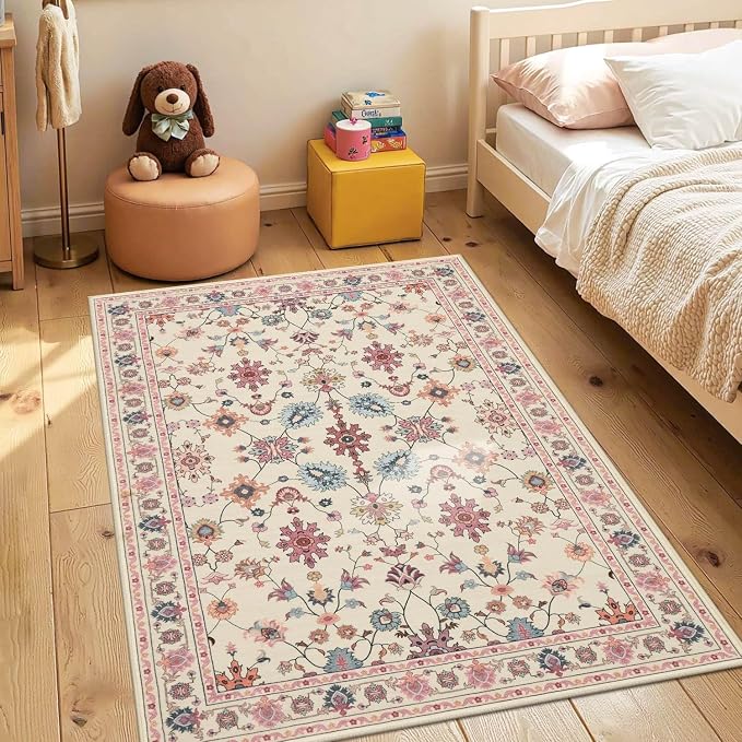 Floral Entryway Rug, 3x5 Washable Area Rug, Non Slip Low Pile Small Carpet - Image 2