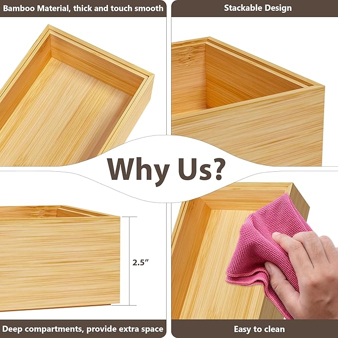 Kitchen Drawer Organizer Bins, Stackable Bamboo Drawer Organizer - Image 7