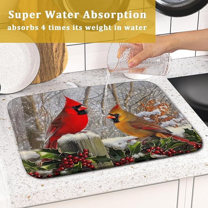 Winter Birds Dish Drying Mat Red Berry Dish Drainer Rack Mat Microfiber - Image 7