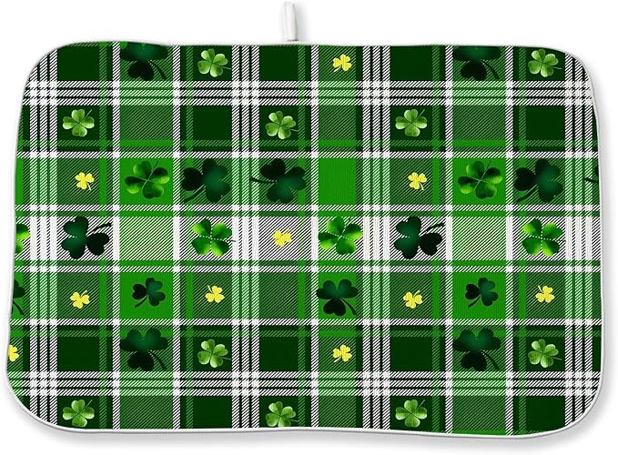 St. Patrick's Day Dish Drying Mat 18 x 24 Inch Green Buffalo Plaid Shamrock by Sorktse
