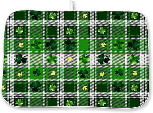 St. Patrick's Day Dish Drying Mat 18 x 24 Inch Green Buffalo Plaid Shamrock by Sorktse
