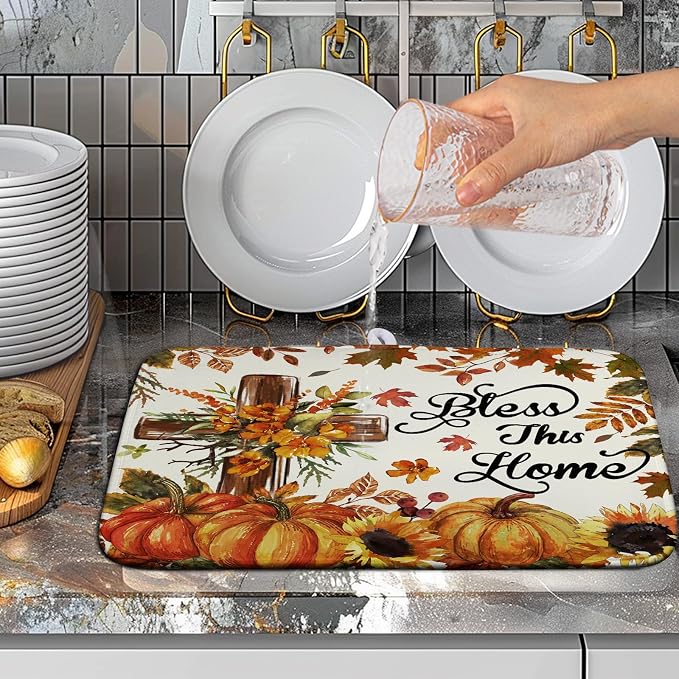 Fall Drying Mat for Kitchen Counter Autumn Thanksgiving Pumpkin Cross Dish Mat - Image 5