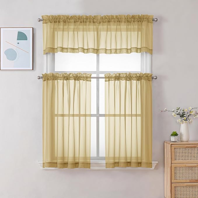 Chyhomenyc Sheer Gold Kitchen Tier Curtains 24 Inch Length Set, Small Window - Image 3