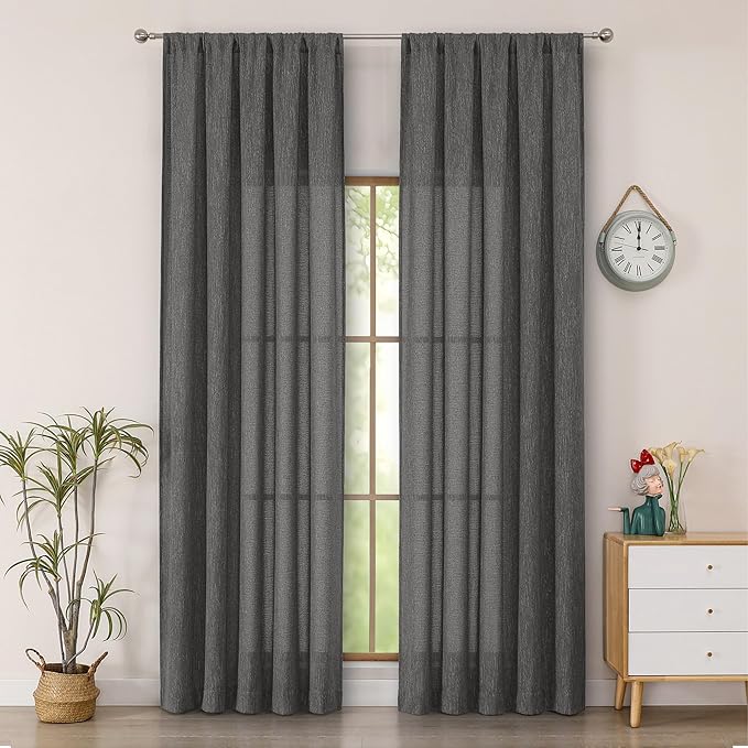 Simplebrand Grey Faux Linen Textured Semi Sheer Curtains 96 Inches Long 2 Panels Set, Light Filtering Soft Thick Farmhouse Curtains Window Treatment for Bedroom/Living Room/Dining Room, 50 x 96 Inch