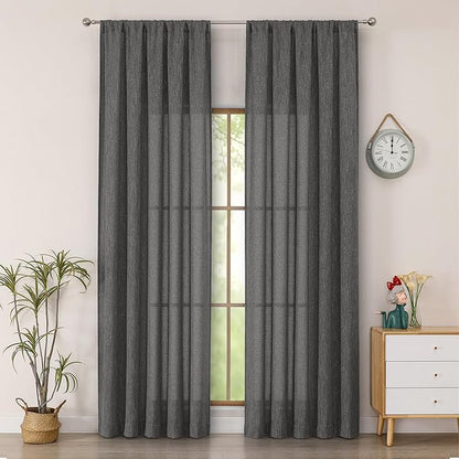 Simplebrand Grey Faux Linen Textured Semi Sheer Curtains 96 Inches Long 2 Panels Set, Light Filtering Soft Thick Farmhouse Curtains Window Treatment for Bedroom/Living Room/Dining Room, 50 x 96 Inch