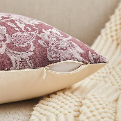 Floral Jacquard Throw Pillow Covers Set of 2, Background/Burgundy 24x24 Inch, Farmhouse Decorative Cotton Burgundy Cushion Covers for Sofa Bed Living Room Home Decor