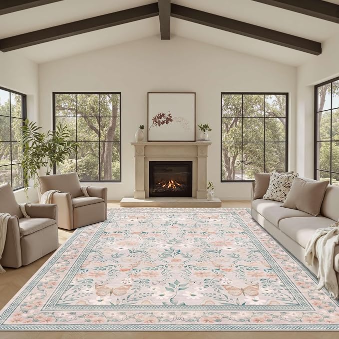 8x10 Pink Rugs for Bedroom Girls, Floral Washable Rug, Boho Area Rug, Large Non by Rugxara