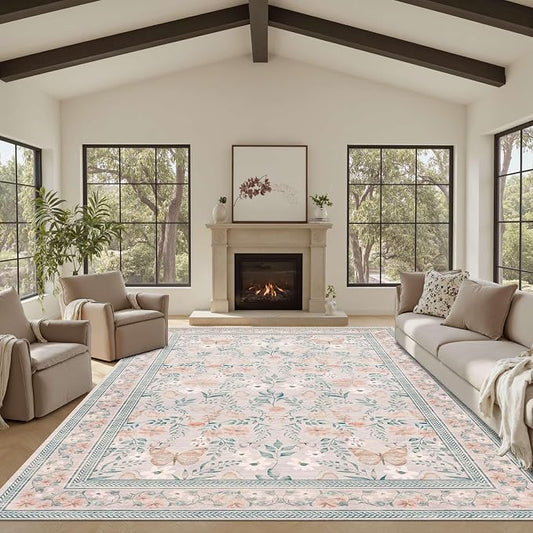 8x10 Pink Rugs for Bedroom Girls, Floral Washable Rug, Boho Area Rug, Large Non by Rugxara
